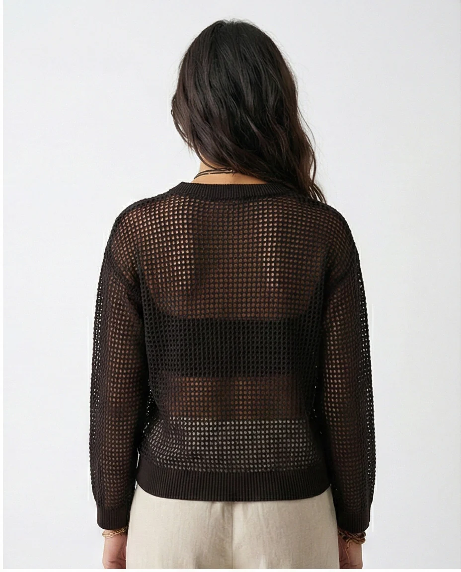 R205966-R205966 - Open Knit Sheer Sweater - Black - Image 2