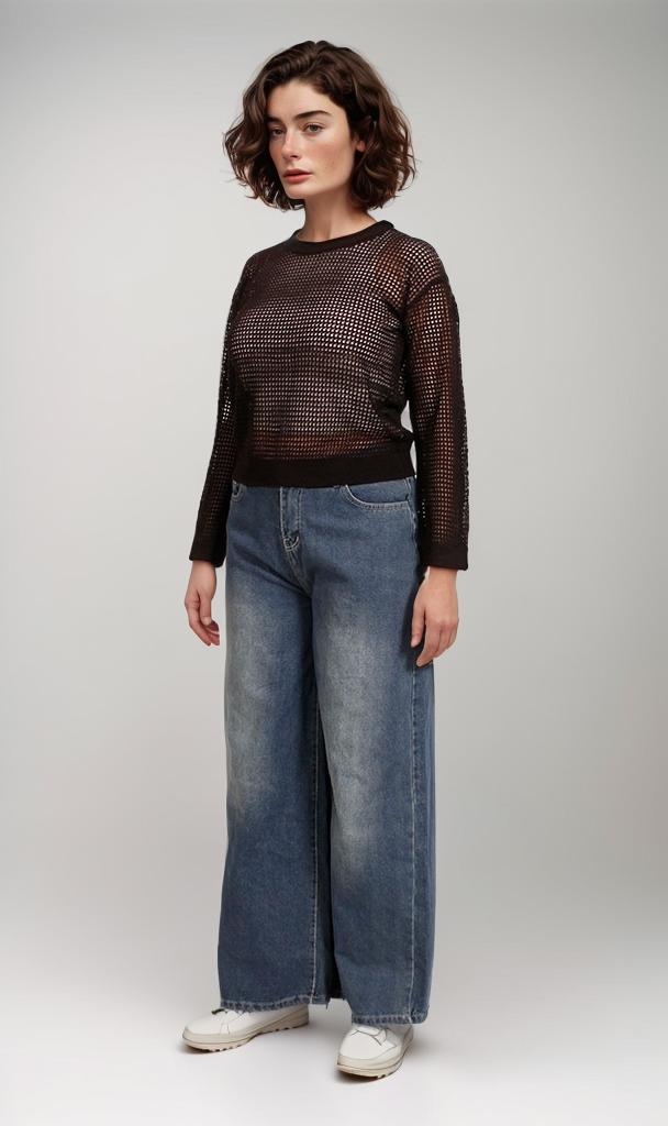 R205966-R205966 - Open Knit Sheer Sweater - Black - Image 5
