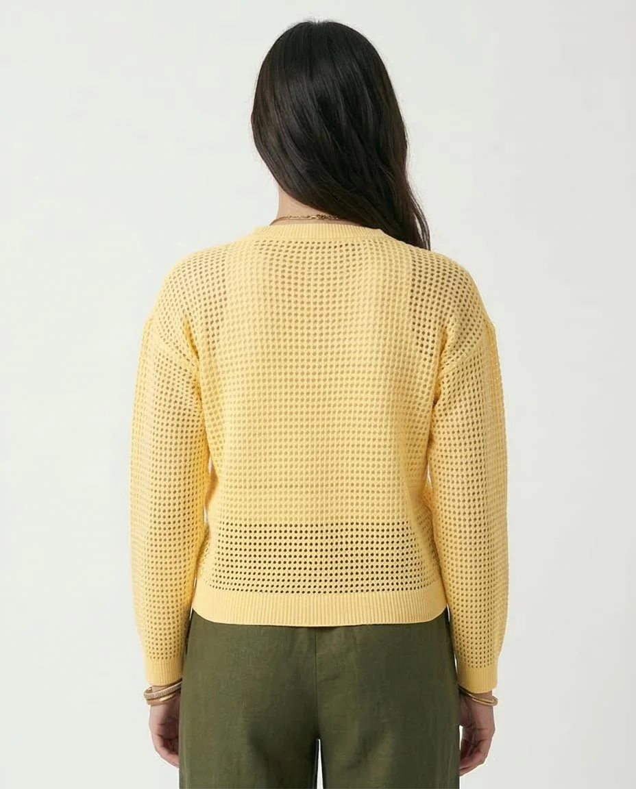 Ravin Women's Open-Knit Mesh Crew Neck Sweater - Pastel Yellow - R205969 - Image 2