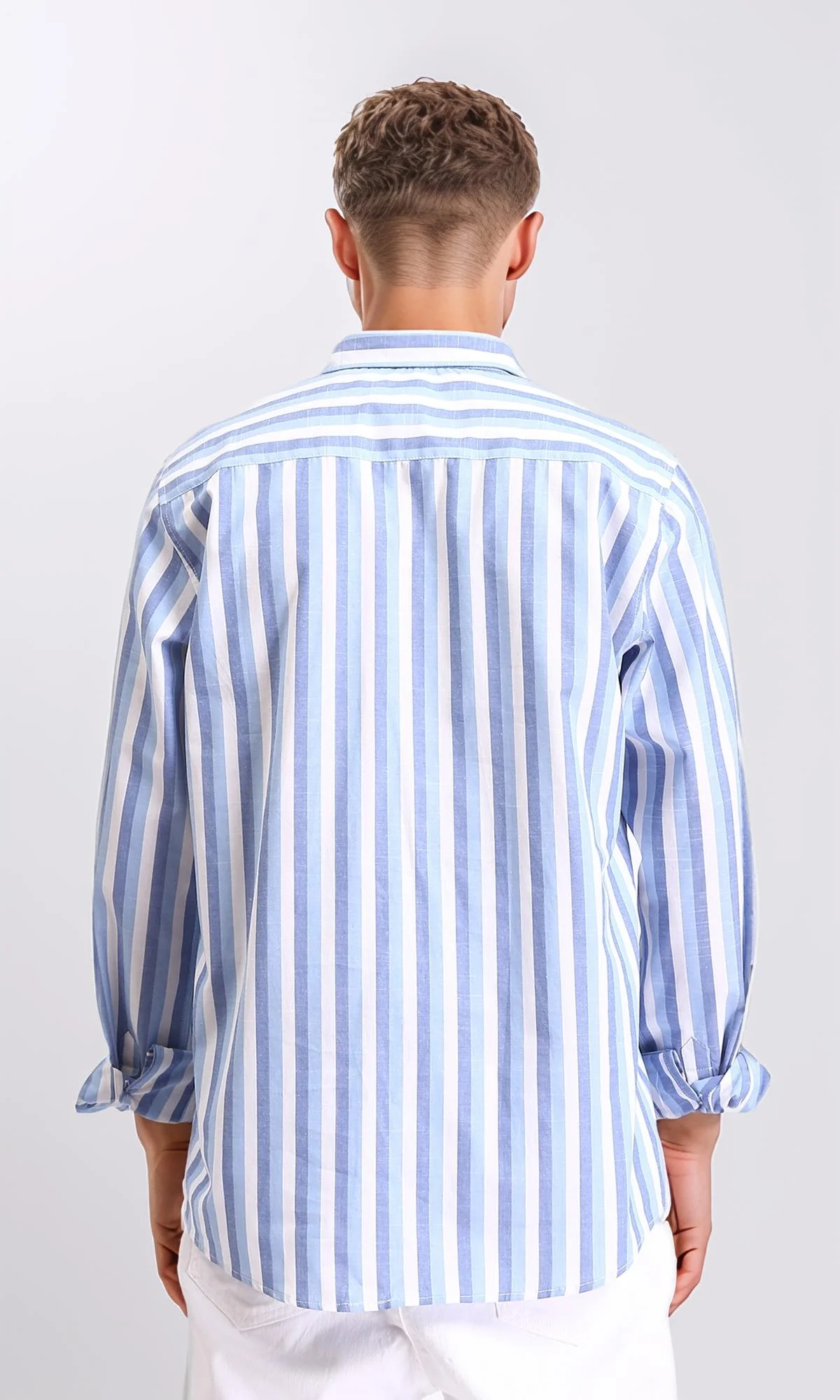R206110 - Long Sleeves Striped Casual Shirt - Steel Blue & White - Image 2