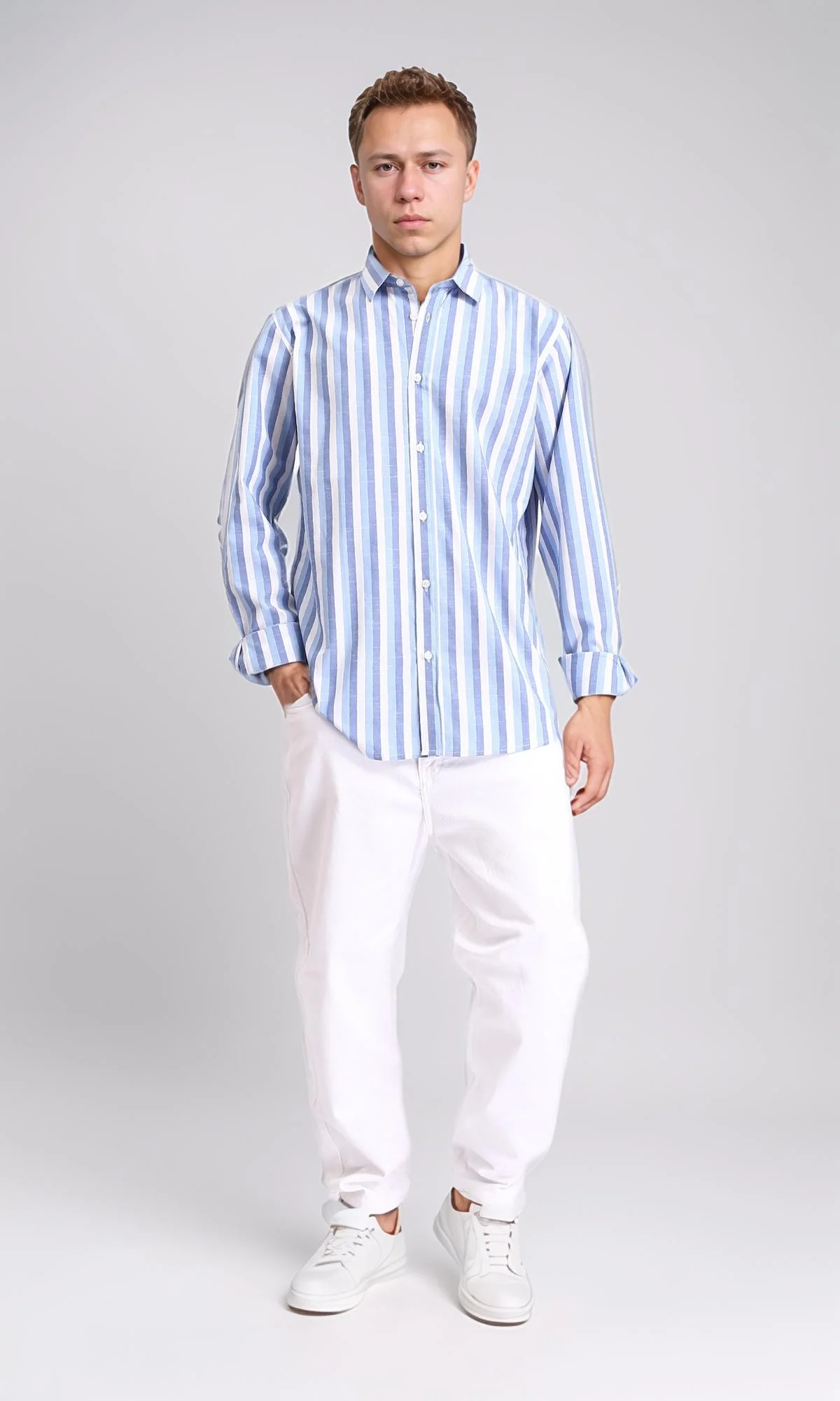 R206110 - Long Sleeves Striped Casual Shirt - Steel Blue & White - Image 4