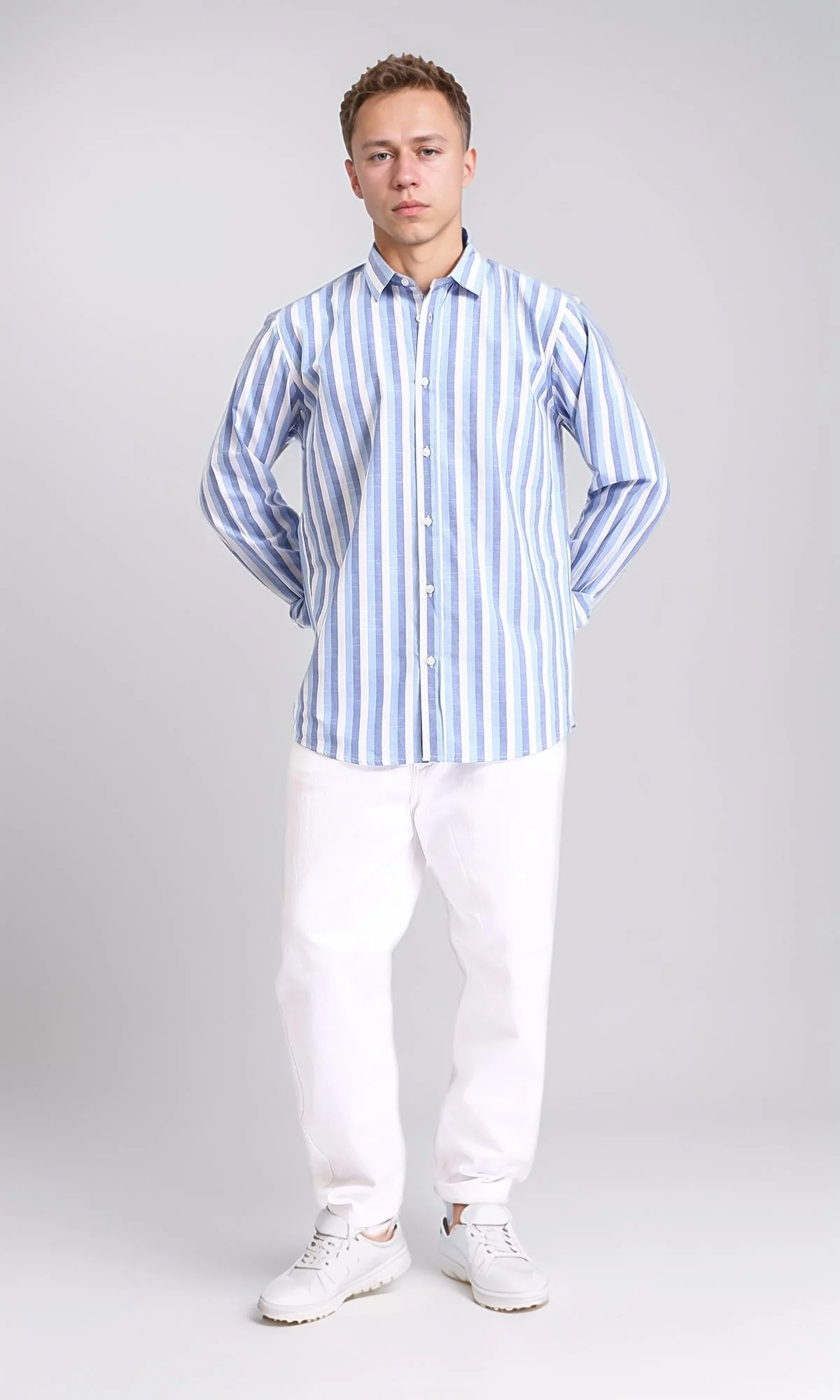 R206110 - Long Sleeves Striped Casual Shirt - Steel Blue & White - Image 5
