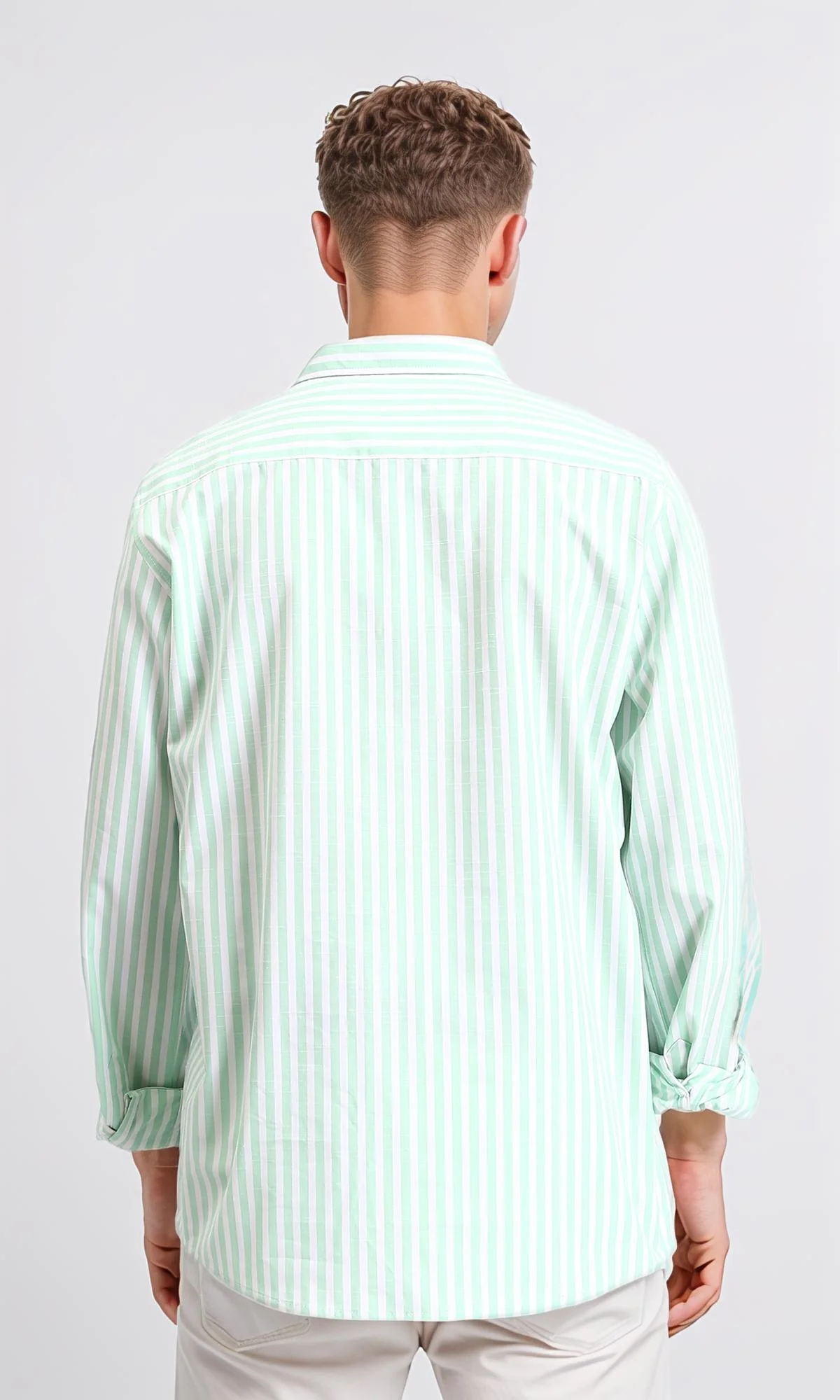 R206111 - Long Sleeves Striped Casual Shirt - Light Green & White - Image 2