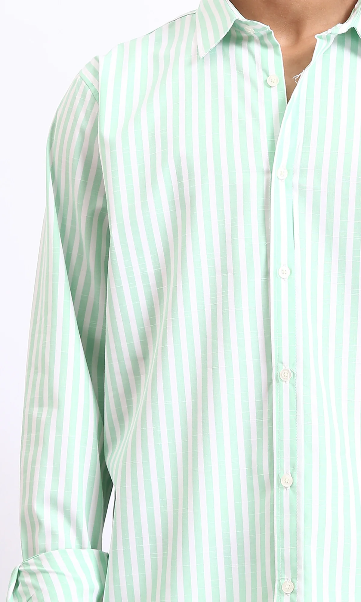 R206111 - Long Sleeves Striped Casual Shirt - Light Green & White - Image 3