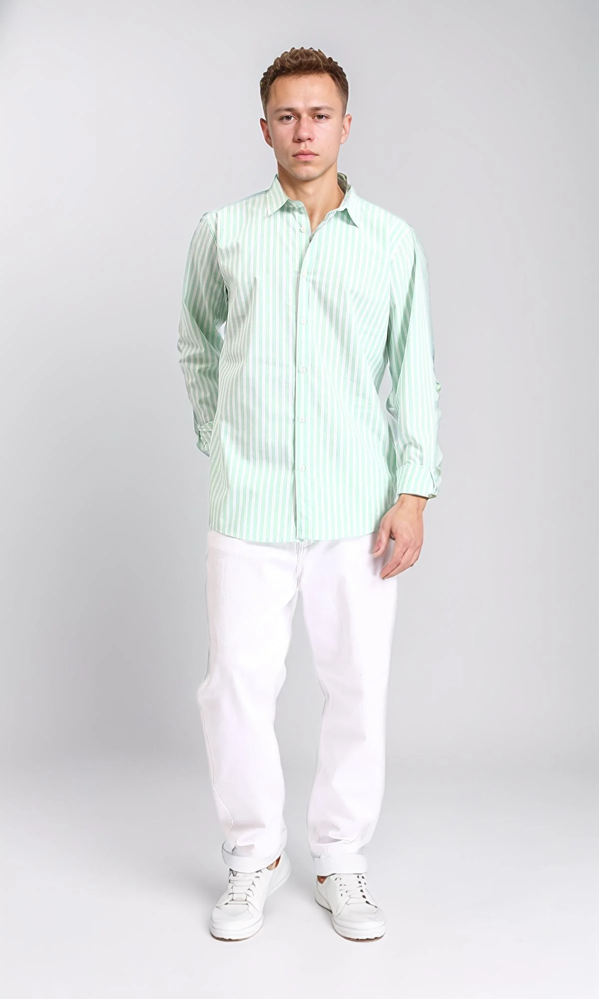 R206111 - Long Sleeves Striped Casual Shirt - Light Green & White - Image 4
