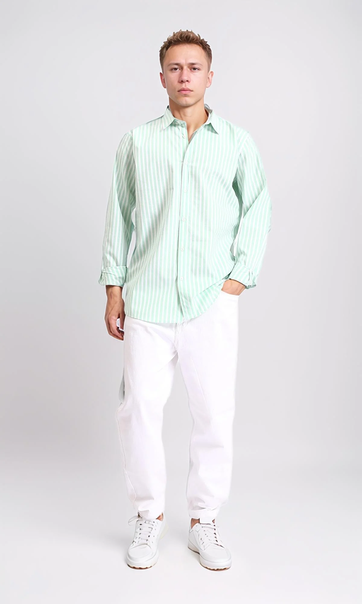 R206111 - Long Sleeves Striped Casual Shirt - Light Green & White - Image 5
