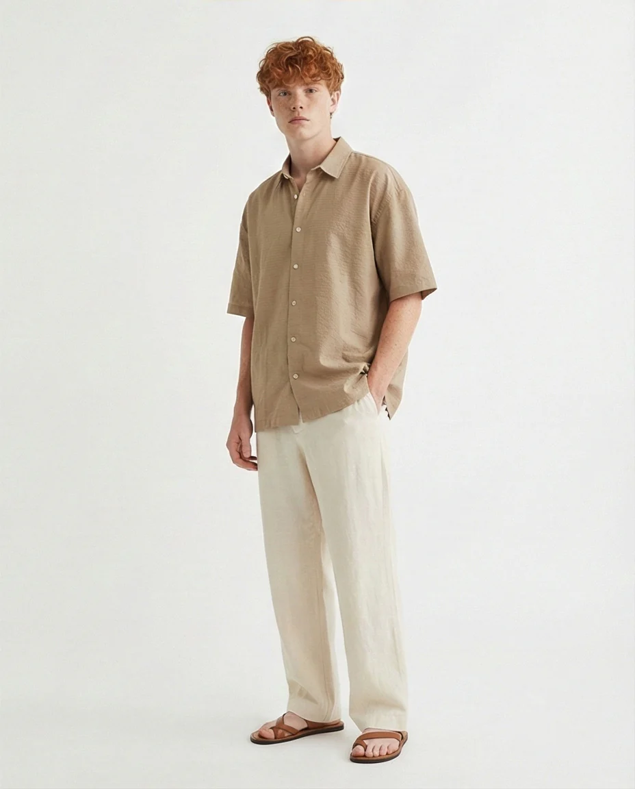 R206337 - Short-Sleeve Button-Up Shirt - Olive Green - Image 4