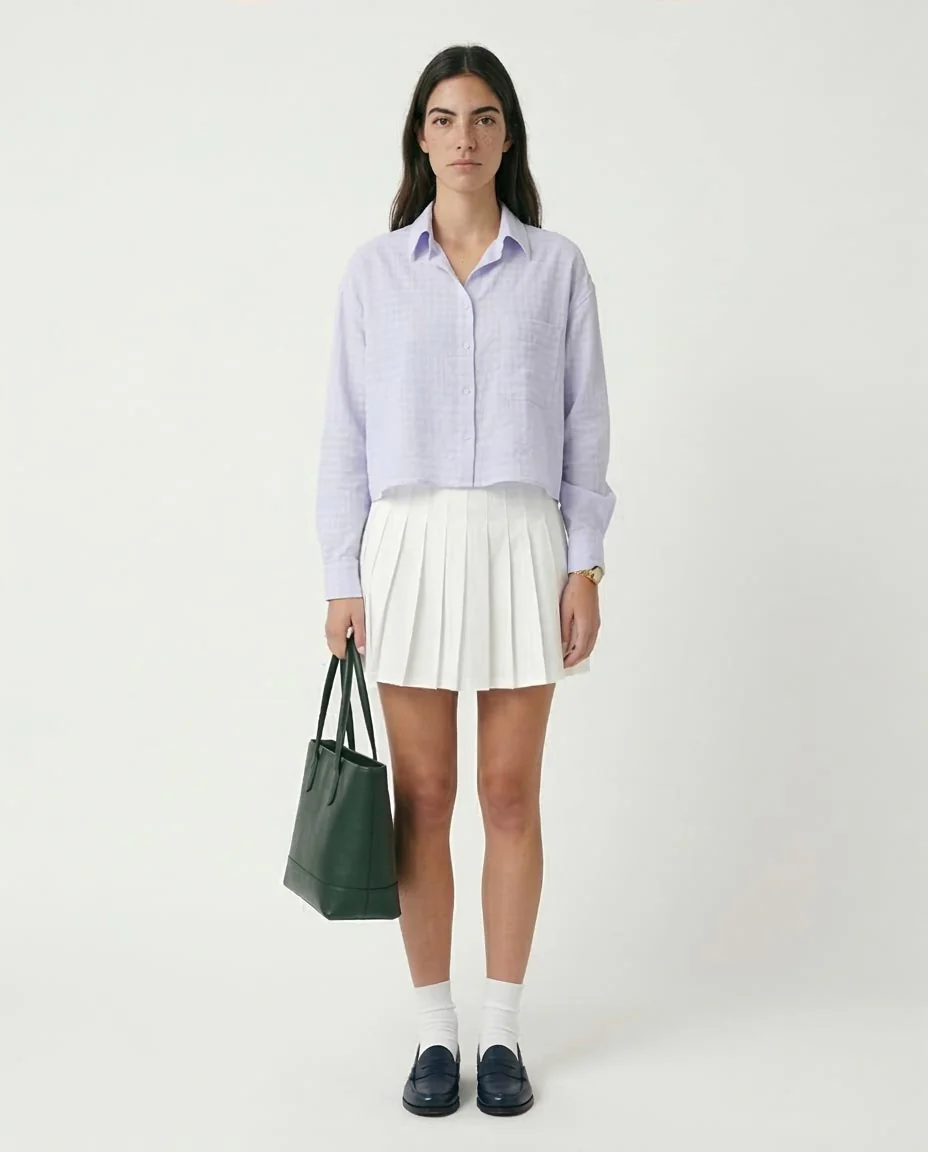 RAVIN Women’s Cropped Seersucker Grid Button-Down Shirt – Lavender - R206356 - Image 3