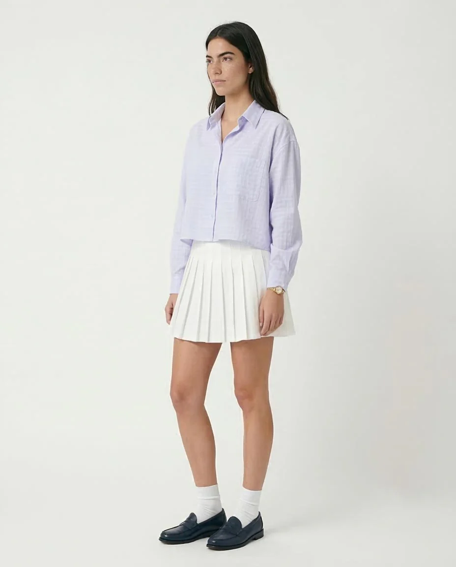 RAVIN Women’s Cropped Seersucker Grid Button-Down Shirt – Lavender - R206356 - Image 5