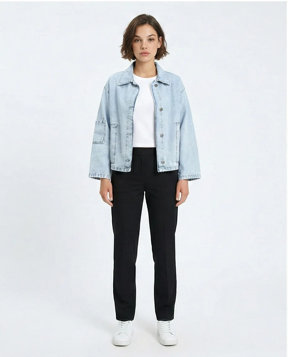 R206402 - Wide Long Sleeves Denim Jacket - Ice Blue - Image 4