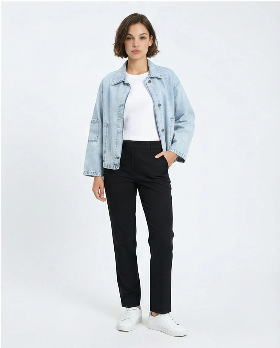 R206402 - Wide Long Sleeves Denim Jacket - Ice Blue - Image 5