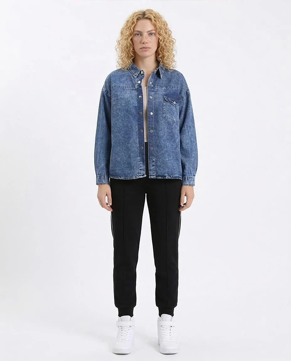 Ravin Acid-Wash Oversized Denim Shirt with Single Flap Pocket – Indigo Blue - R206407 - Image 3
