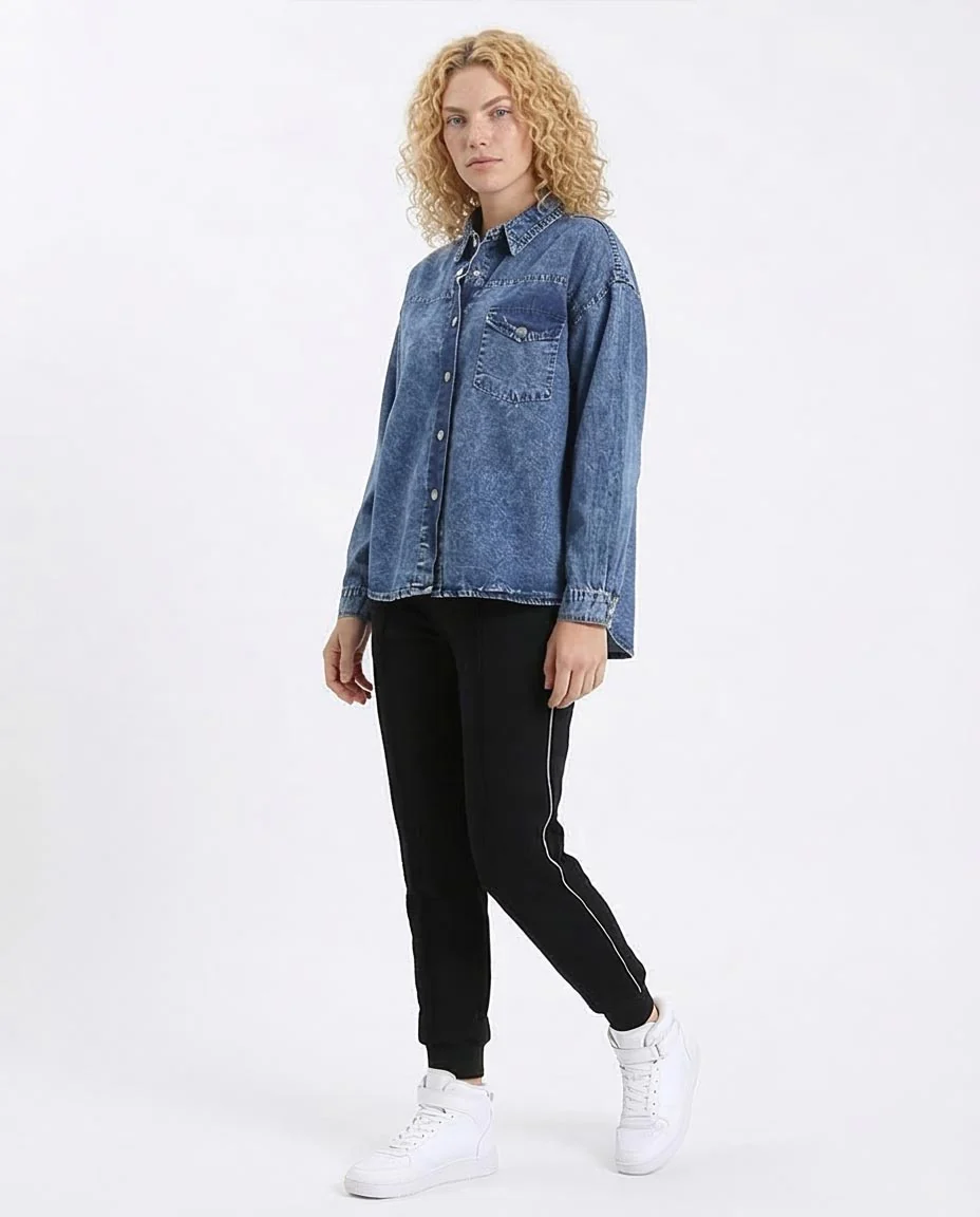 Ravin Acid-Wash Oversized Denim Shirt with Single Flap Pocket – Indigo Blue - R206407 - Image 5