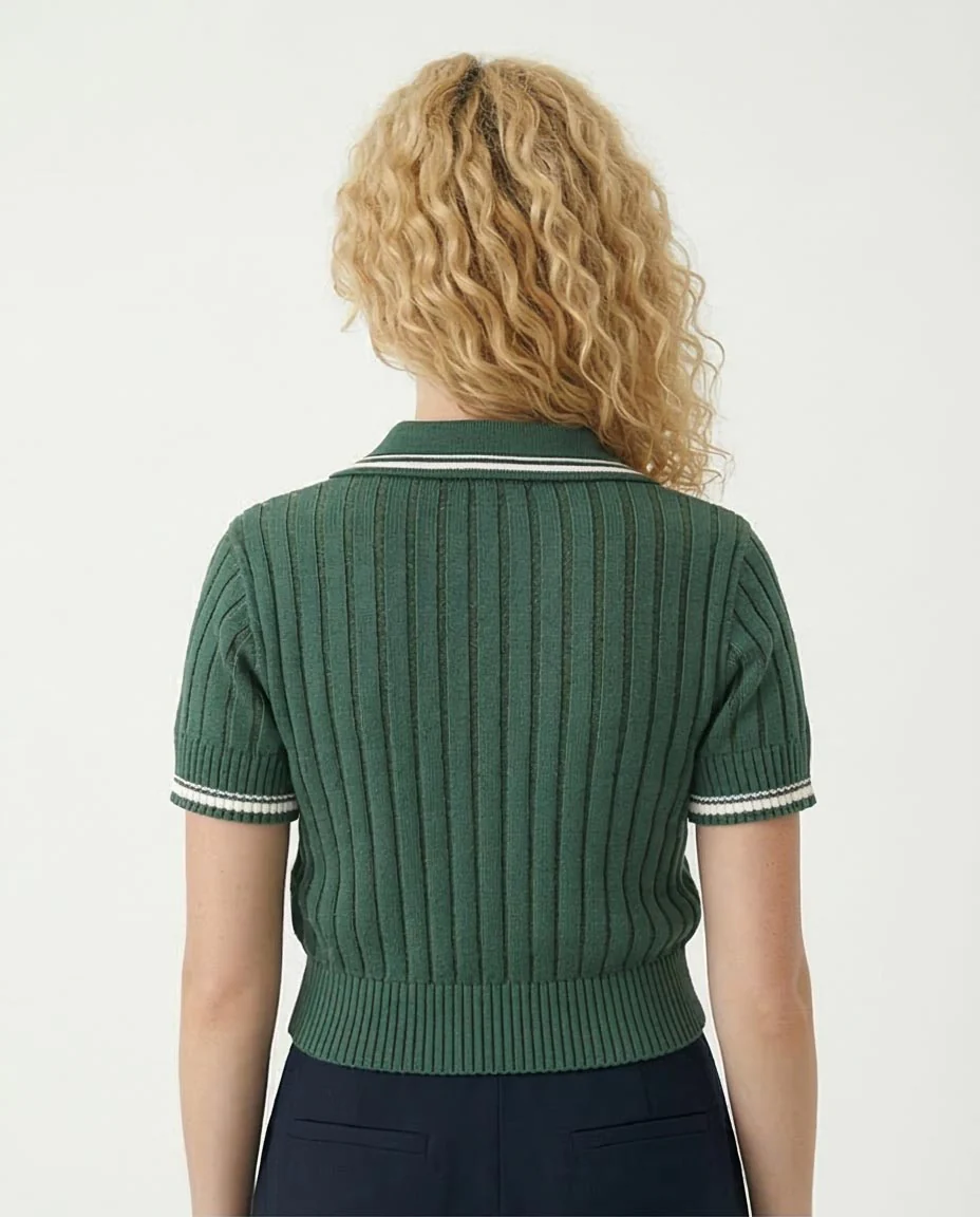 Ravin Women's Cable-Knit Short Sleeve Polo Sweater – Forest Green -R206417 - Image 2