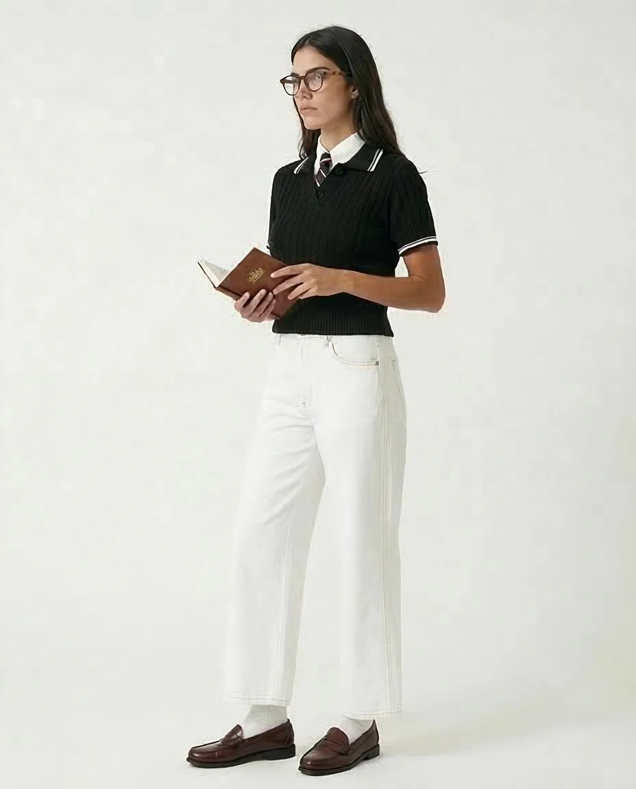 Ravin Women's Cable-Knit Cropped Polo Sweater – Black & White Preppy Knit - R206419 - Image 5