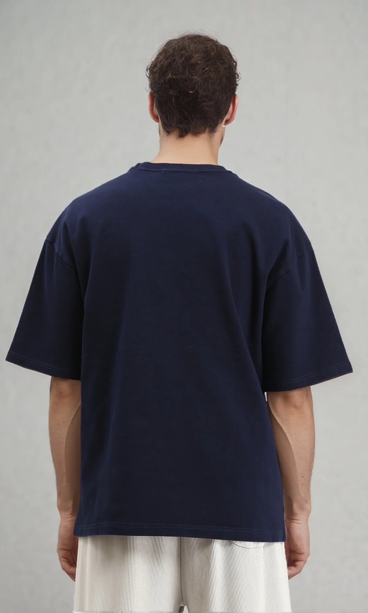 R206498 - Round Neck Elbow Sleeves Cotton Tee - Navy Blue - Image 2
