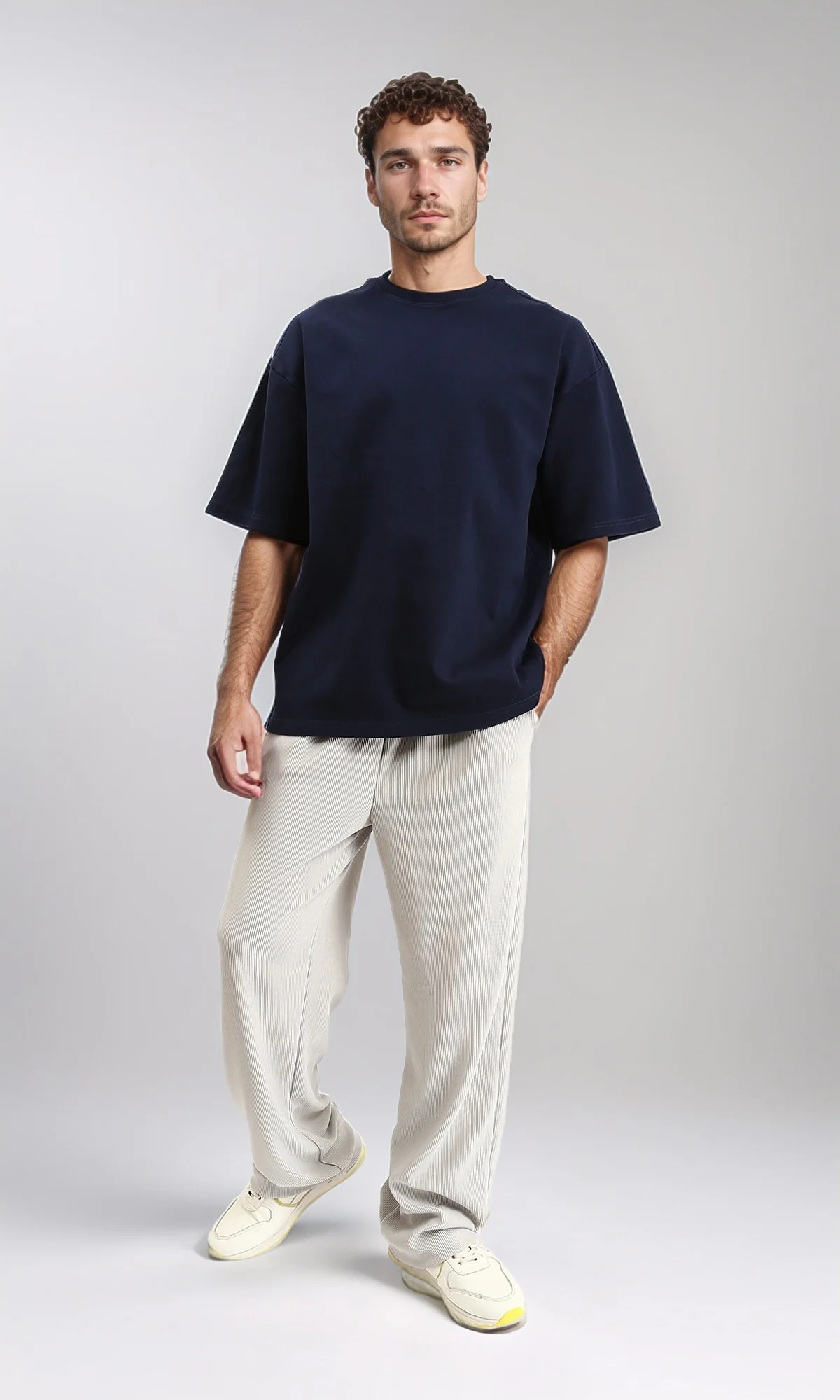 R206498 - Round Neck Elbow Sleeves Cotton Tee - Navy Blue - Image 4