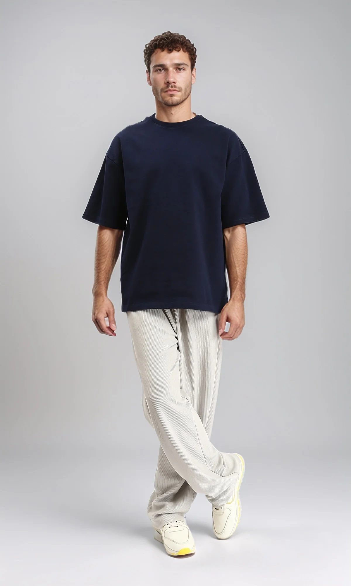 R206498 - Round Neck Elbow Sleeves Cotton Tee - Navy Blue - Image 5