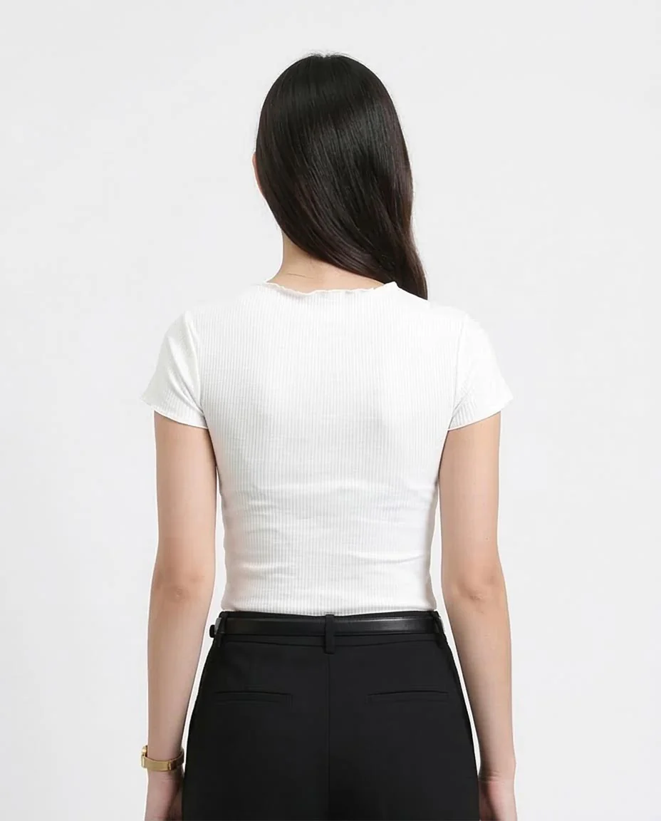 Ravin Women’s Rib-Knit Lettuce-Edge Crop Top – White - R206520 - Image 2