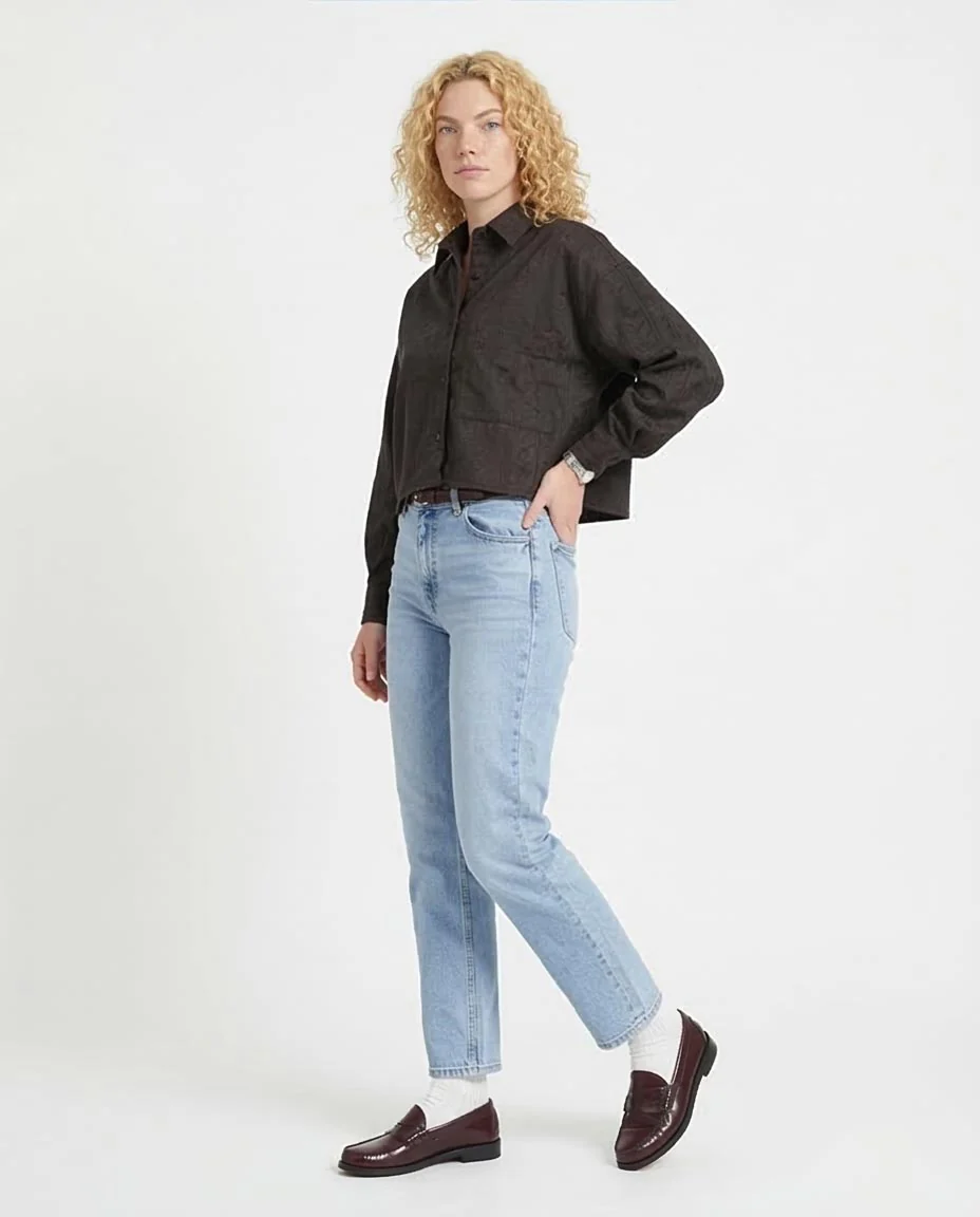 Women's Jacquard Textured Cropped Shirt – Charcoal - R206566 - Image 5