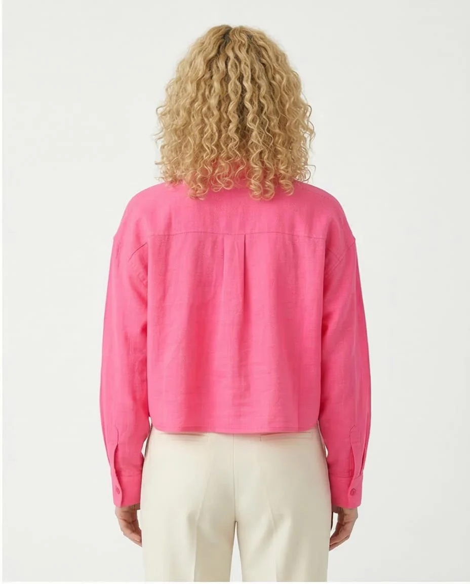 Ravin Electric Pink Cropped Button-Down | Textured Linen Blend - R206572 - Image 2
