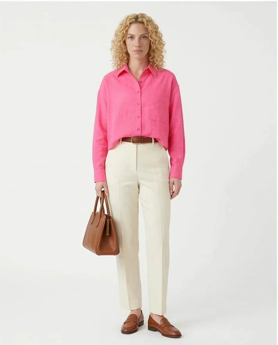 Ravin Electric Pink Cropped Button-Down | Textured Linen Blend - R206572 - Image 3