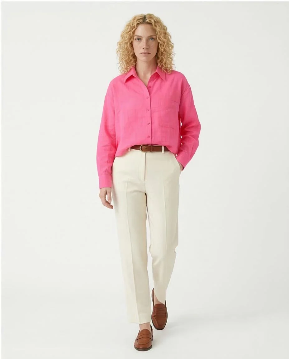 Ravin Electric Pink Cropped Button-Down | Textured Linen Blend - R206572 - Image 5
