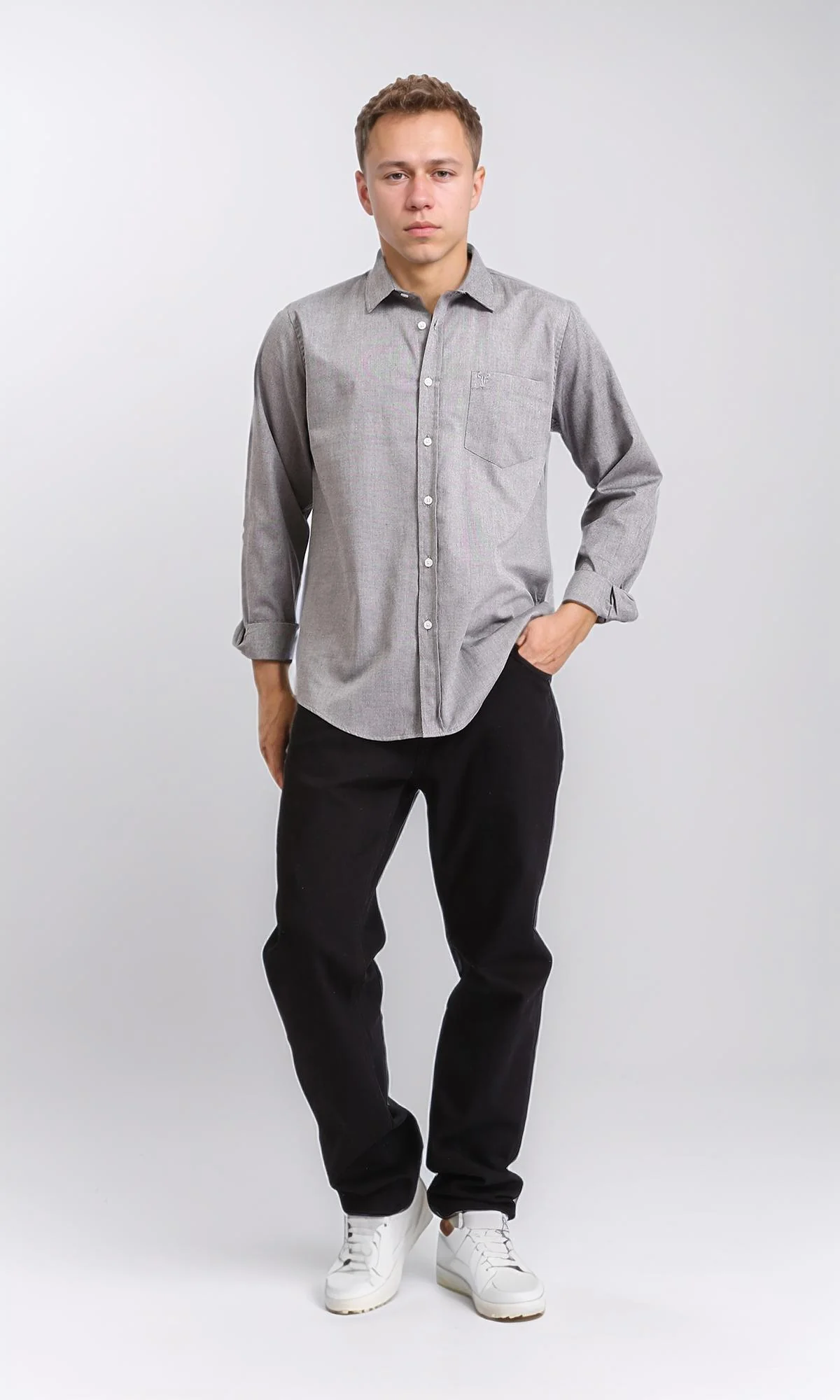 R206950 - Long Sleeves Solid Shirt with Front Pocket - Medium Grey - Image 5