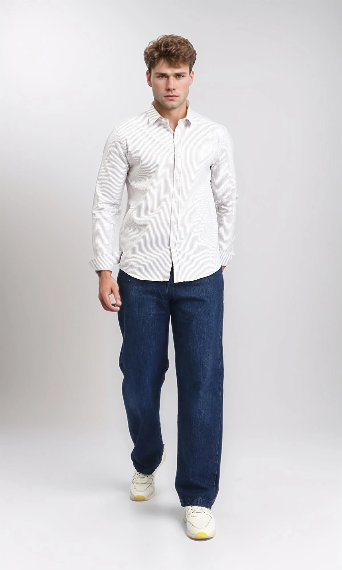 R206958 - Pencil Stripes Long Sleeves Shirt - Light Coffee & White - Image 5