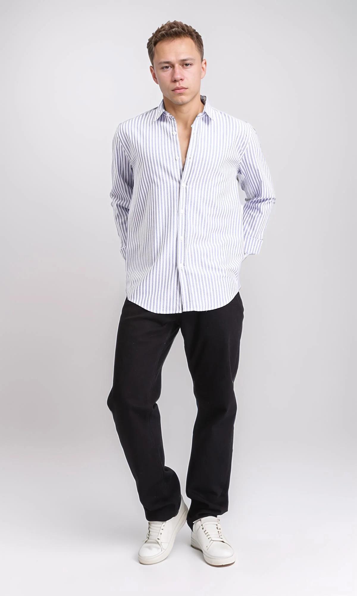 R206959 - Elegant Striped Long Sleeves Shirt - Navy Blue & White - Image 4
