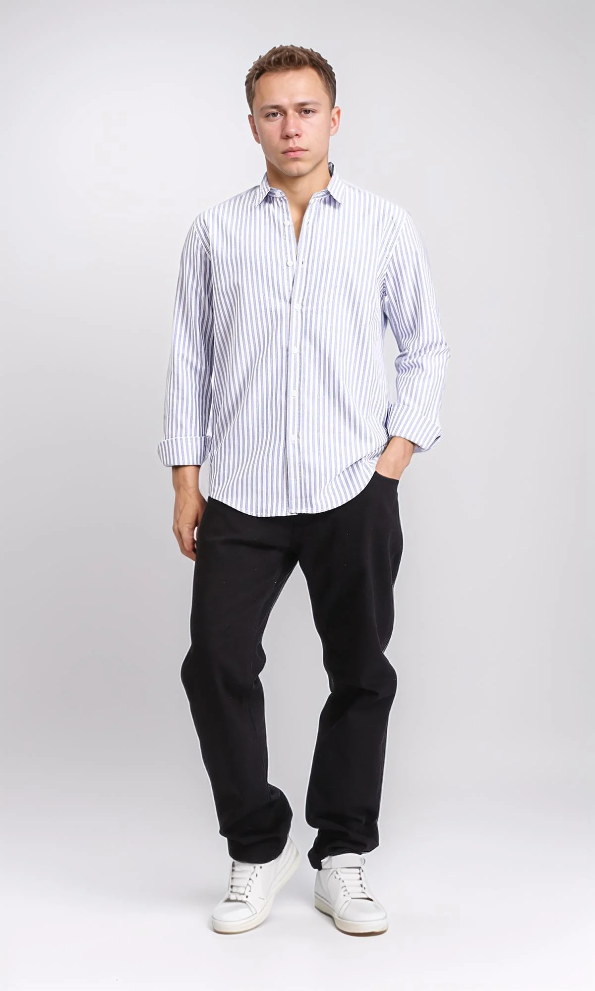 R206959 - Elegant Striped Long Sleeves Shirt - Navy Blue & White - Image 5