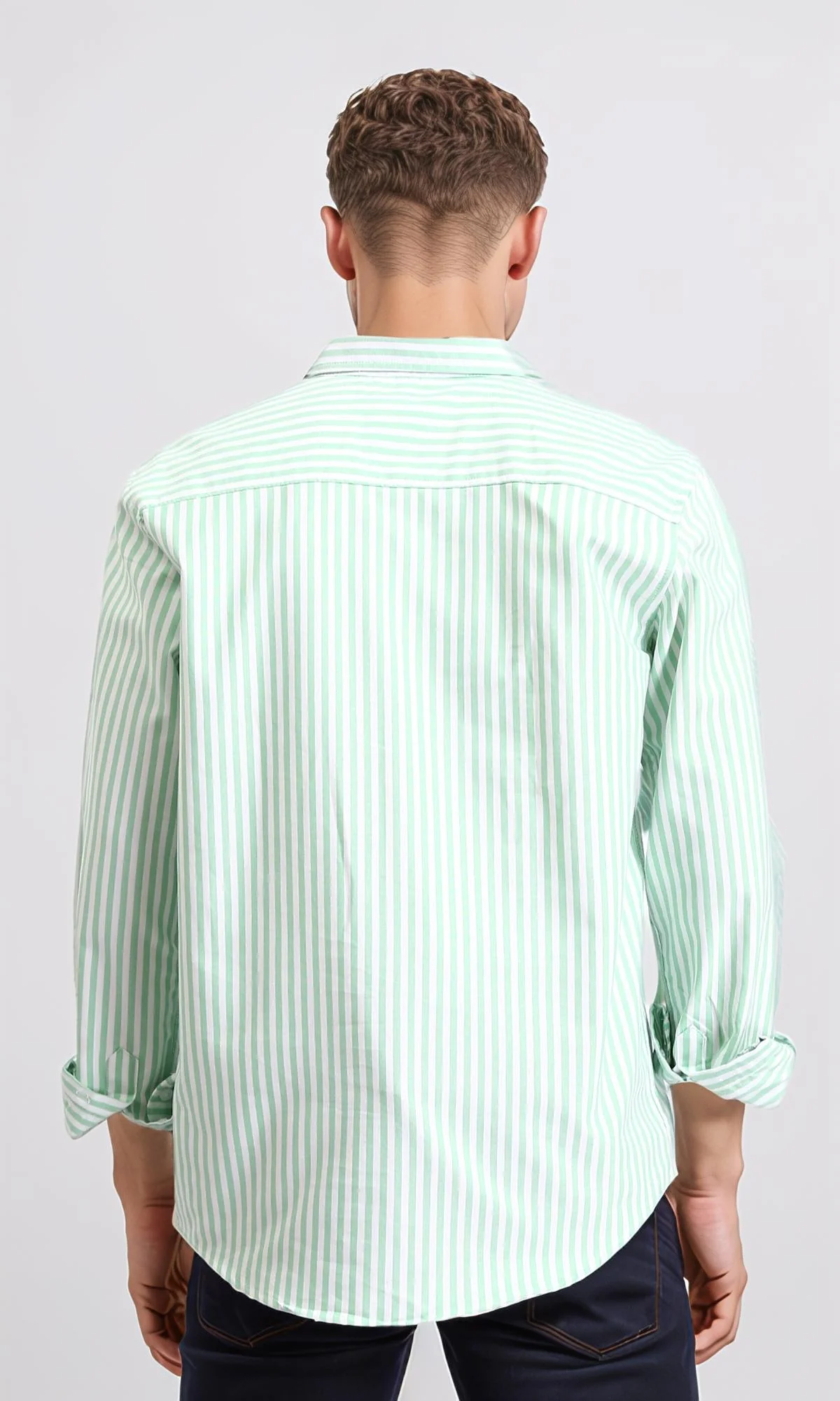 R206960 - Elegant Striped Long Sleeves Shirt - Light Green & White - Image 2