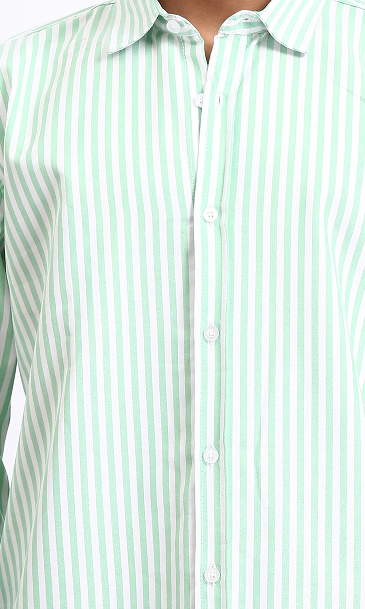 R206960 - Elegant Striped Long Sleeves Shirt - Light Green & White - Image 3