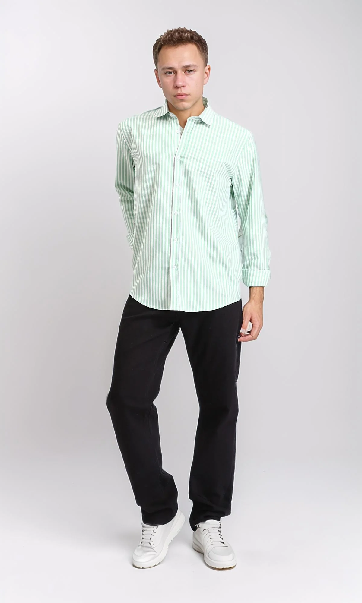 R206960 - Elegant Striped Long Sleeves Shirt - Light Green & White - Image 4