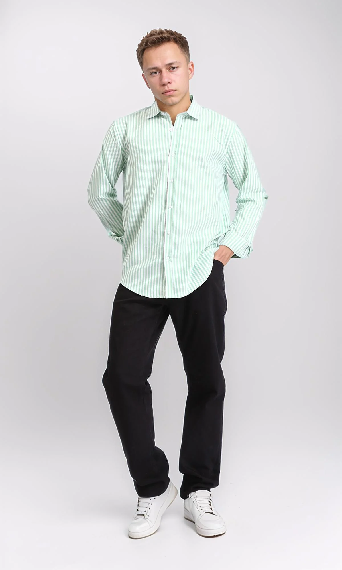 R206960 - Elegant Striped Long Sleeves Shirt - Light Green & White - Image 5