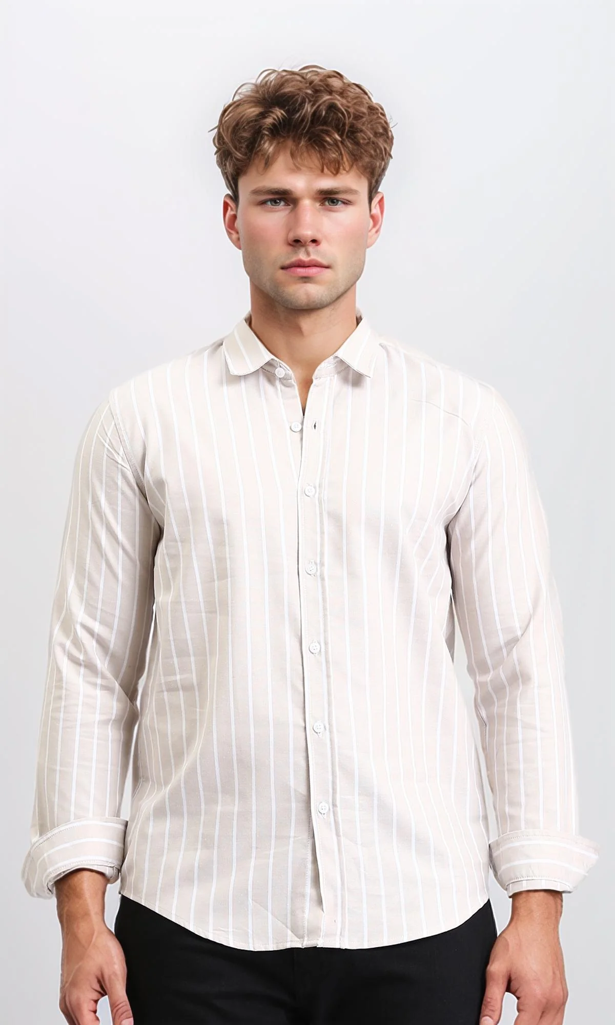 R206964 - Striped Long Sleeves Elegant Shirt - Coffee & White