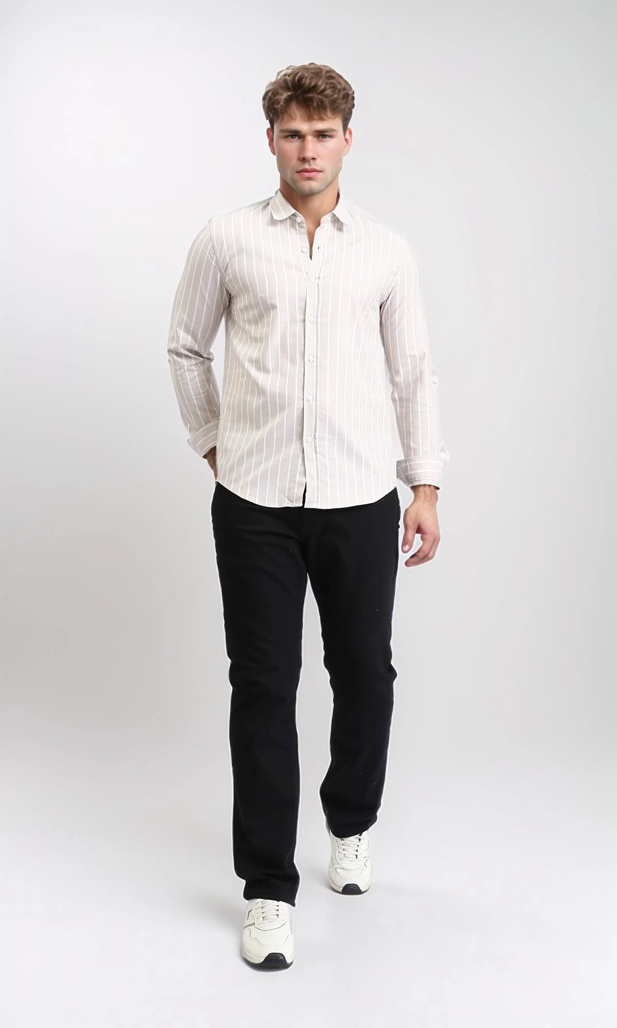 R206964 - Striped Long Sleeves Elegant Shirt - Coffee & White - Image 4