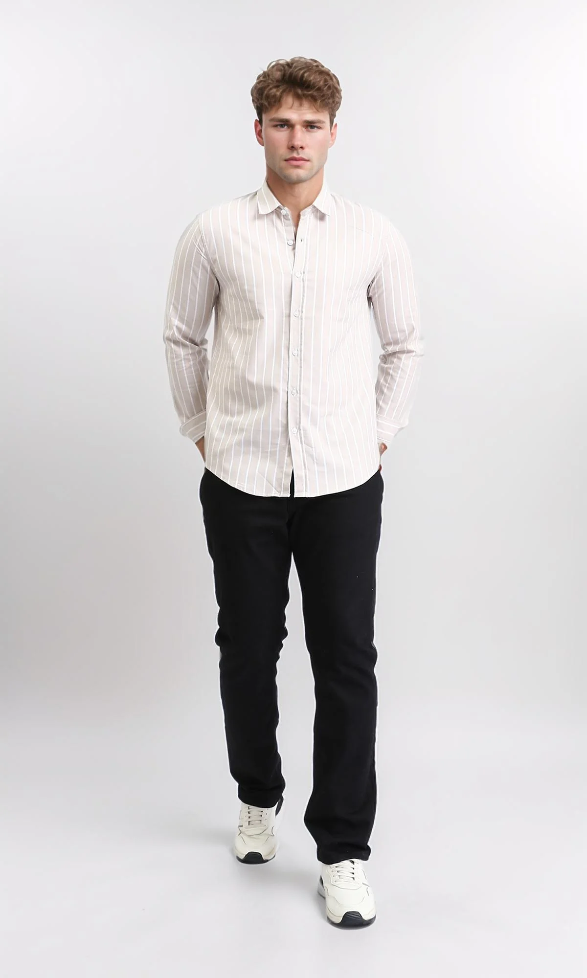 R206964 - Striped Long Sleeves Elegant Shirt - Coffee & White - Image 5