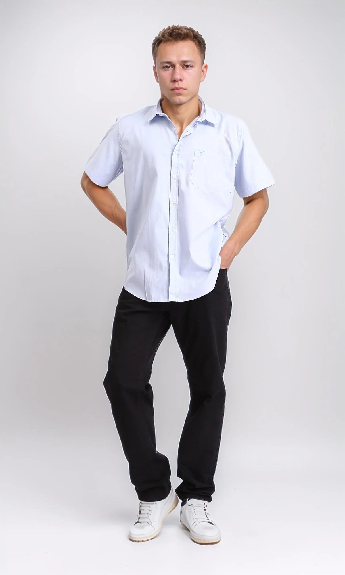 R206967 - Short Sleeves Solid Buttoned Shirt - Pastel Blue - Image 5