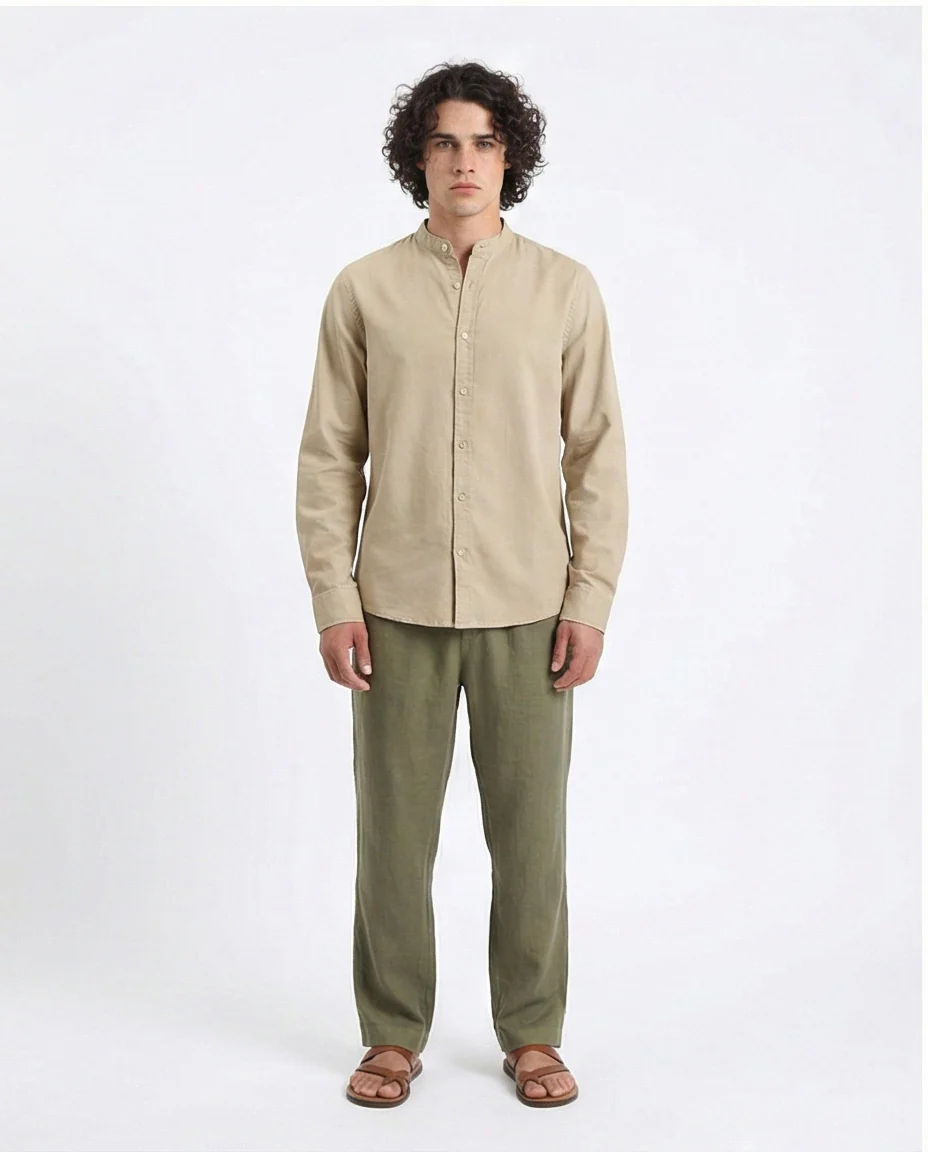 R206985 - Long Sleeve Shirt with Mandarin Collar - Light Olive - Image 3