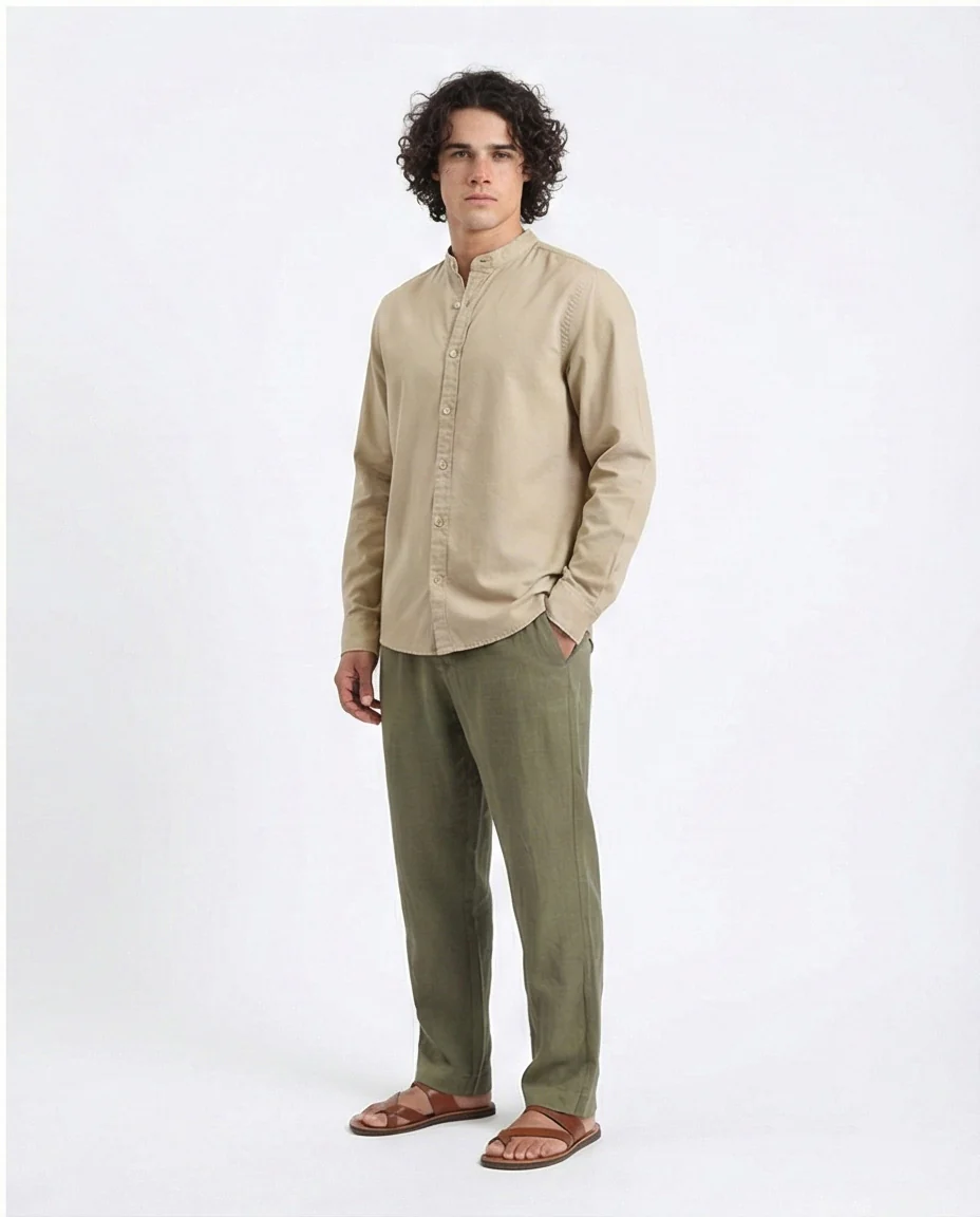 R206985 - Long Sleeve Shirt with Mandarin Collar - Light Olive - Image 4