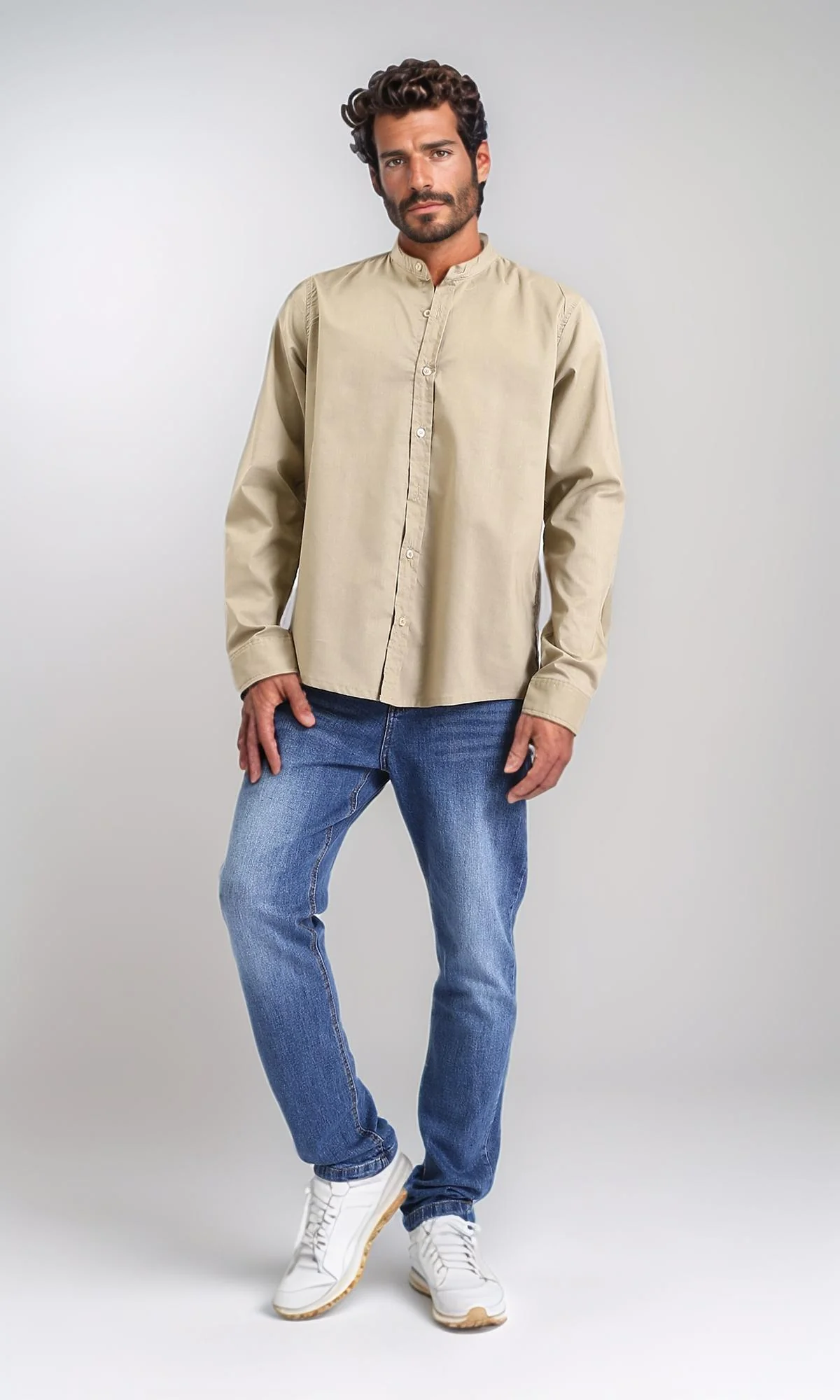 R206985 - Long Sleeve Shirt with Mandarin Collar - Light Olive - Image 5