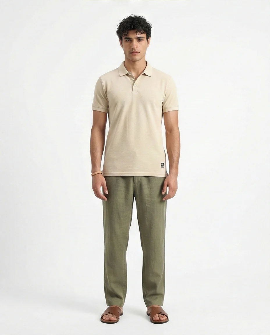 R207052 - Short Sleeves Solid Regular Polo Shirt - Oat - Image 3