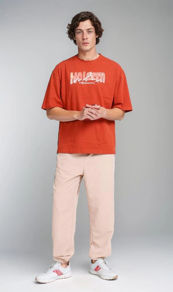 R207067 - Graphic Printed Oversized T-Shirt - Rust Red - Image 4