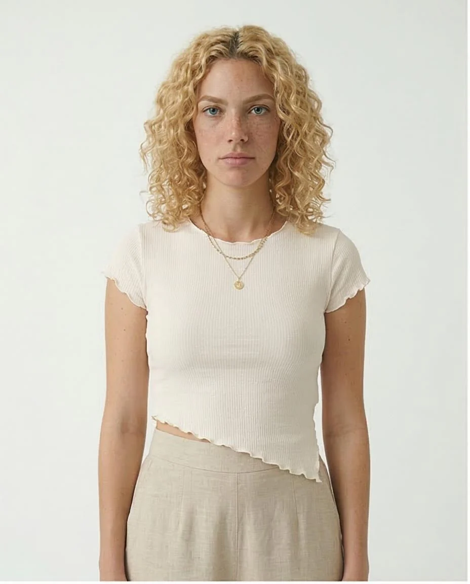Ravin Women's Asymmetrical Lettuce-Edge Ribbed Baby Tee - White - R207089