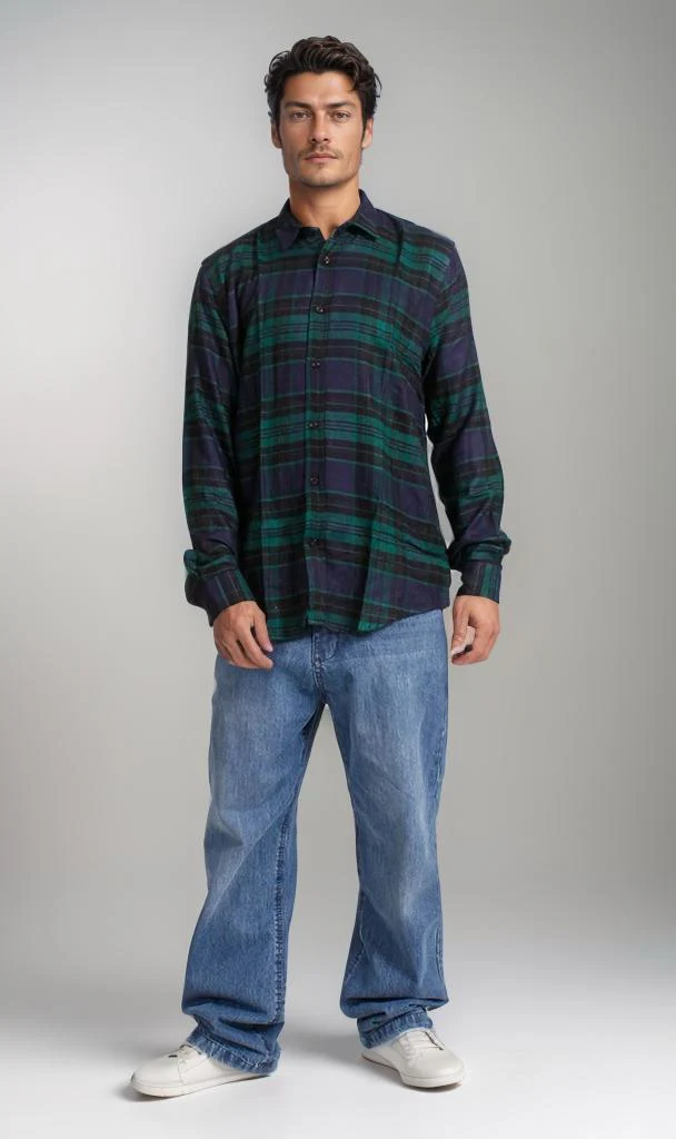R207222 - Rayon Checked Shirt - Green & Navy - Image 4