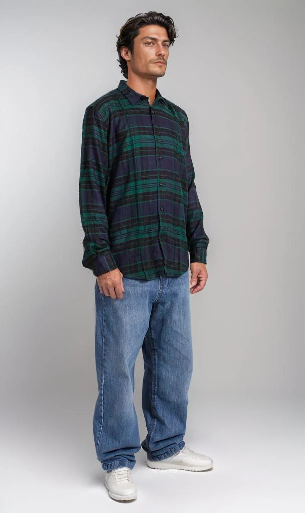 R207222 - Rayon Checked Shirt - Green & Navy - Image 5