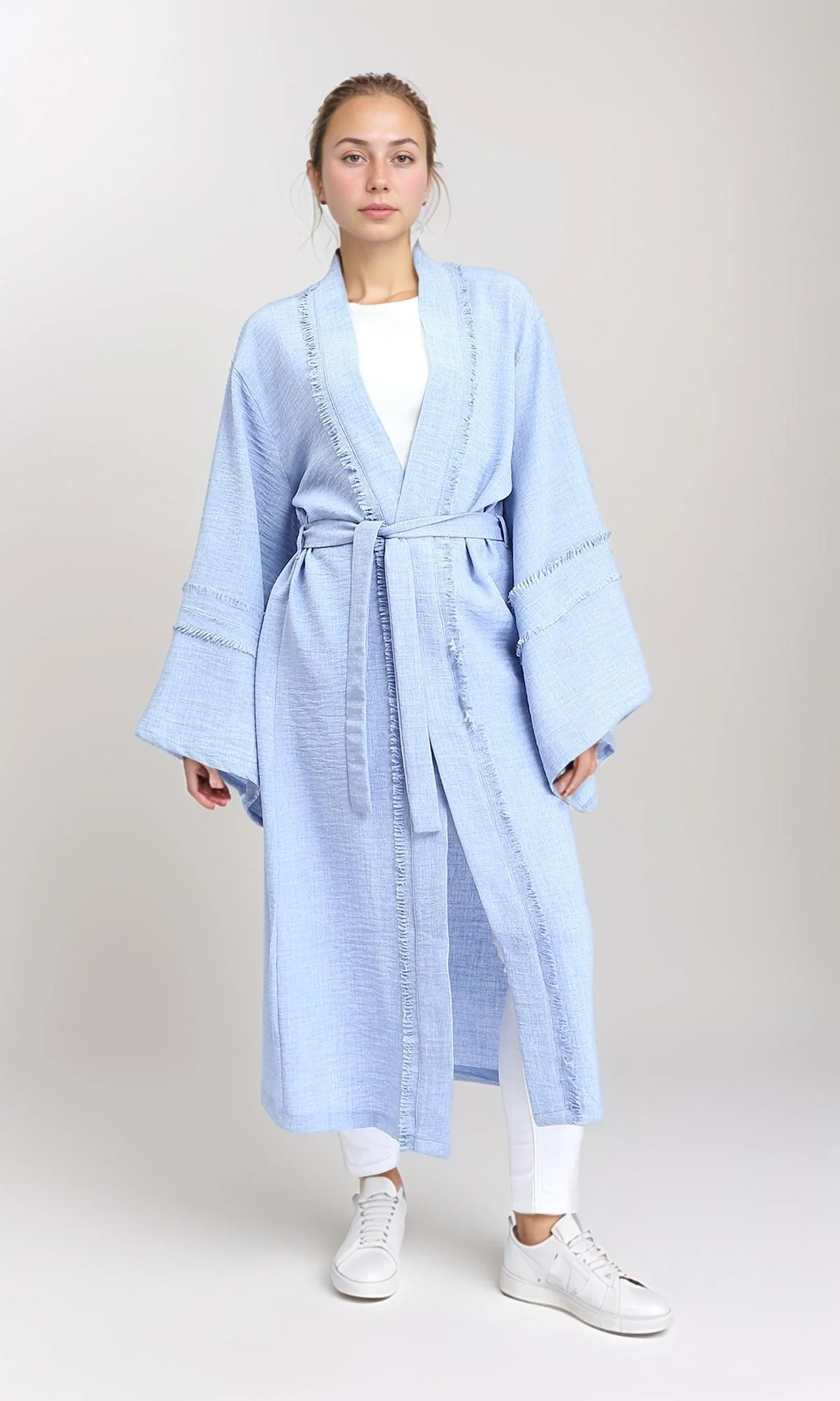 R207249 - Wide Long Sleeves Textured Cardigan - Light Blue - Image 4