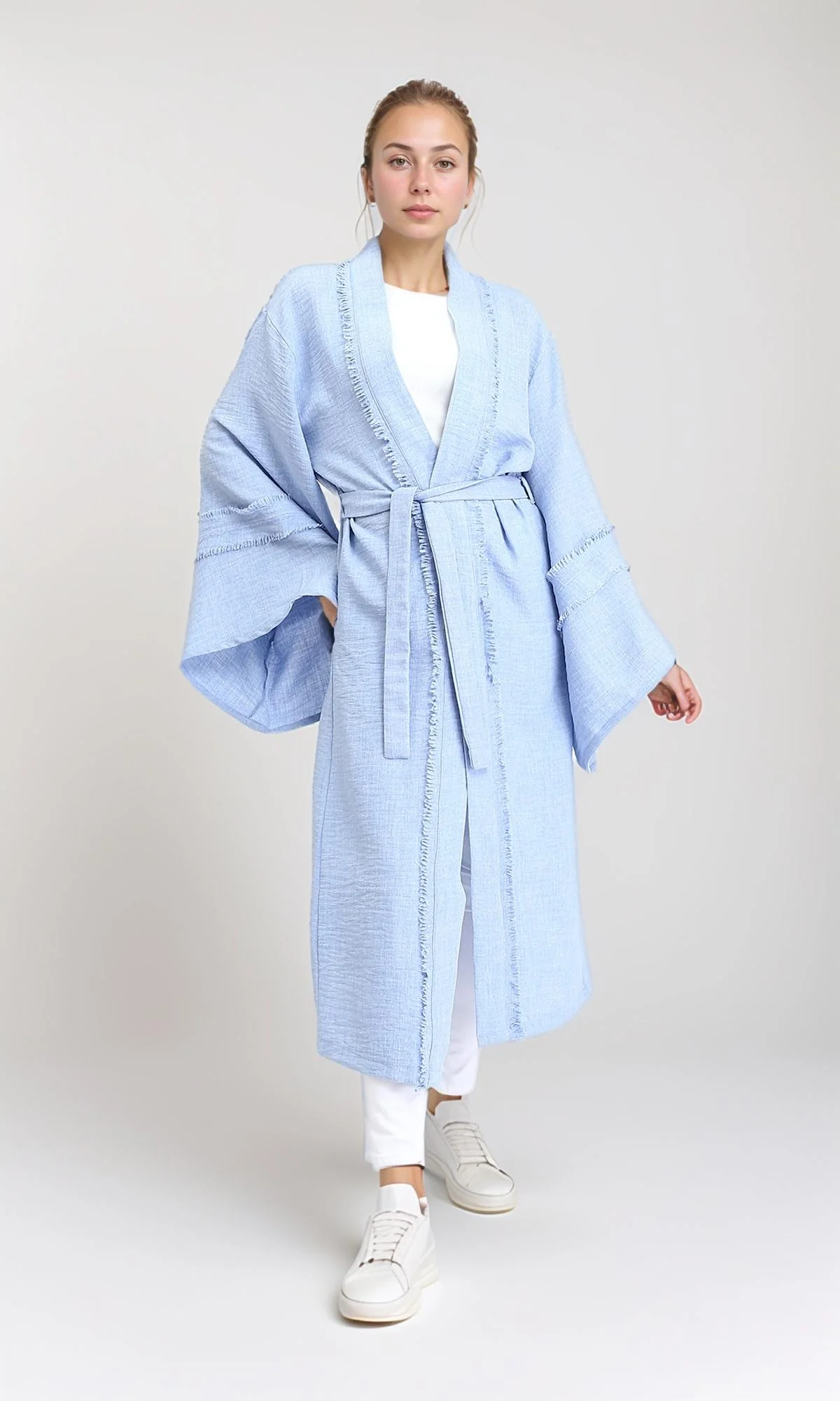R207249 - Wide Long Sleeves Textured Cardigan - Light Blue - Image 5