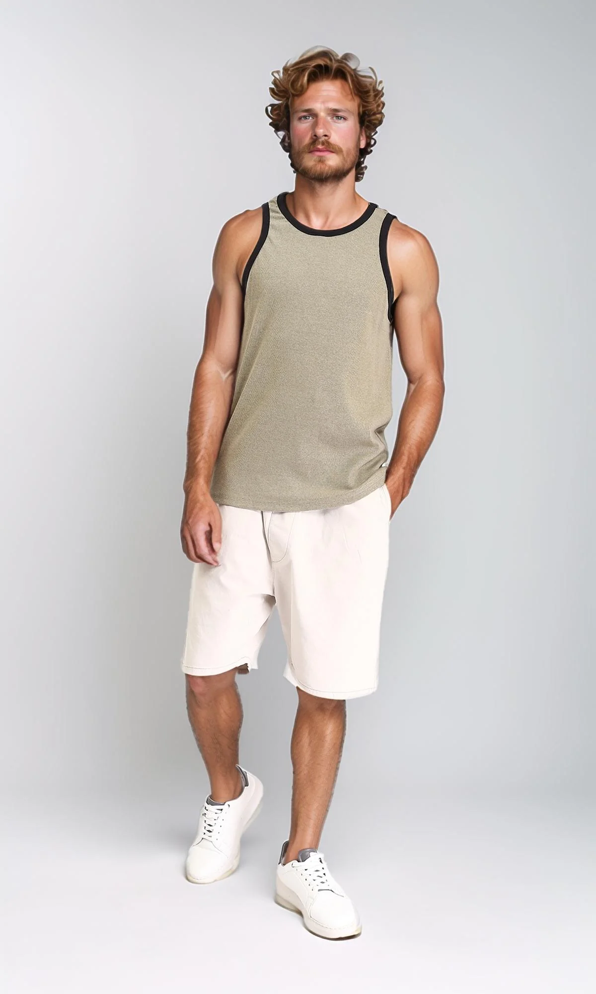 R207261 - Sleeveless Slip On Cotton Tank Top - Olive - Image 5
